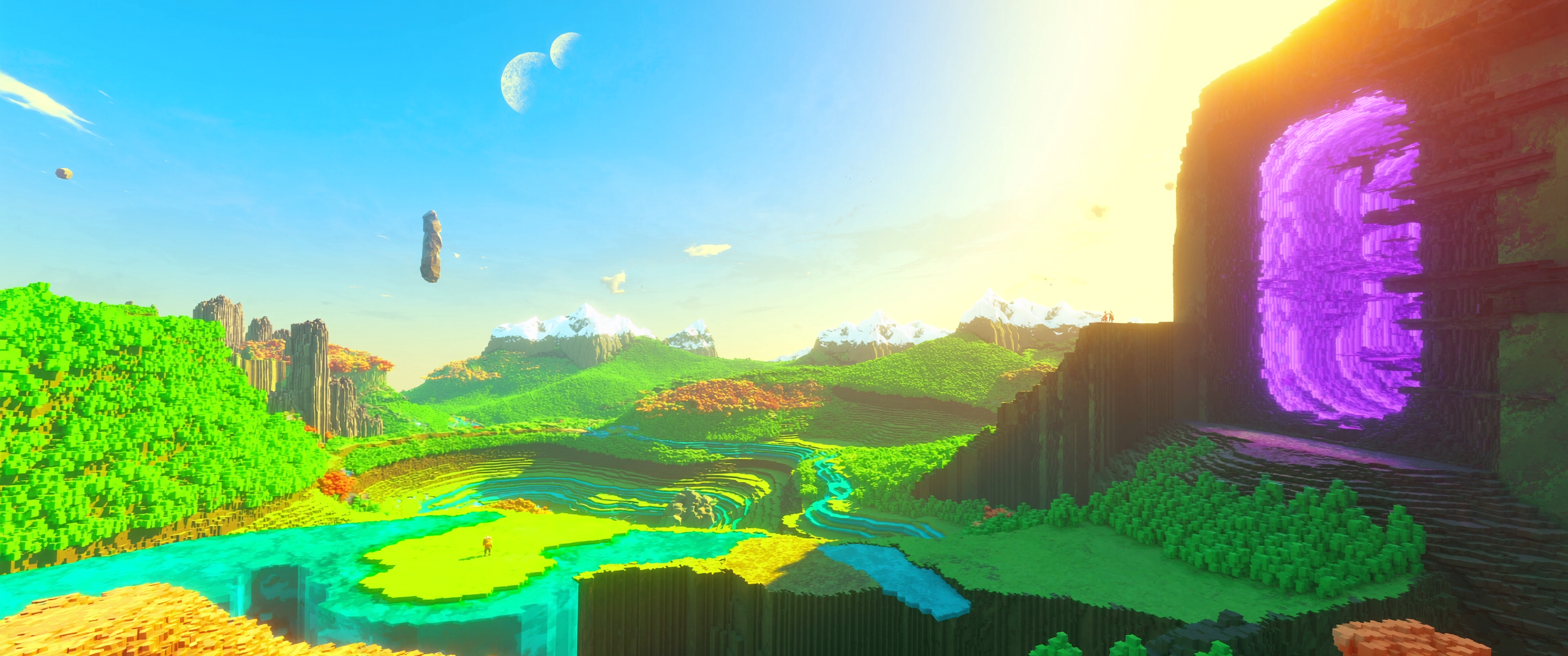 A luminous MC³ multiverse with a violet portal and distant explorers